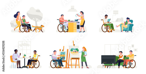 People with disabilities do everyday things. Equal accessibility. Disabled person. Man in wheelchair cooking and eating. Paralyzed male reading books. Vector handicap activities set