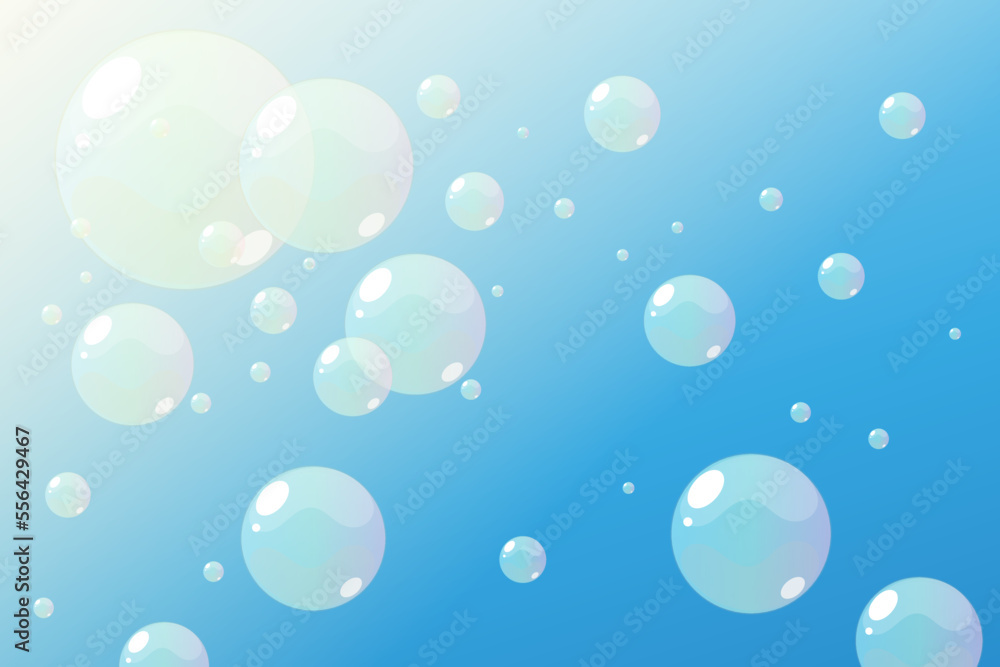Background with blue sky and rainbow soap bubbles illuminated by sunlight. Vector illustration