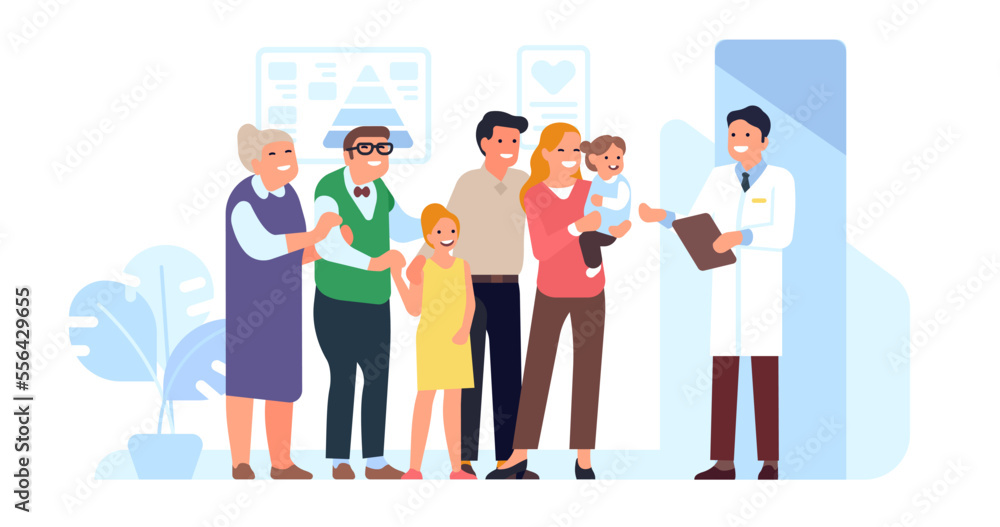 Physician consults family. Medical specialist consultation. Patients group examination. Parents with kids and grandparents at appointment with doctor. Health checkup. Vector concept