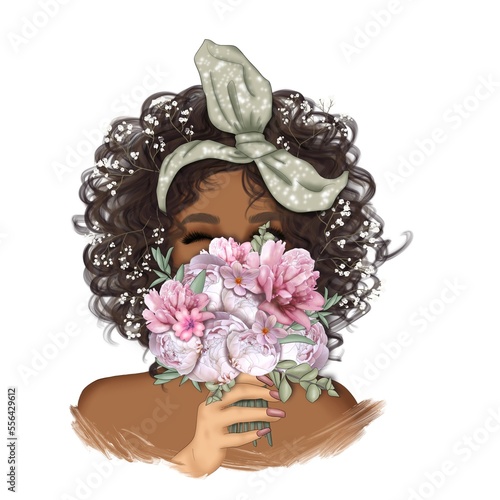 Fashion African American Brunette Hair Girl With Flowers Isolated On A White Background Hand Drawn Scarf In The Hair Illustration	