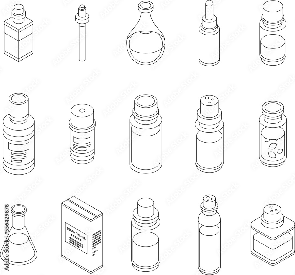 Essential oils icons set. Isometric set of essential oils vector icons for web design isolated on white background outline