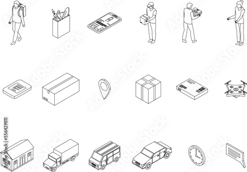 Home delivery icons set. Isometric set of home delivery vector icons for web design isolated on white background outline photo