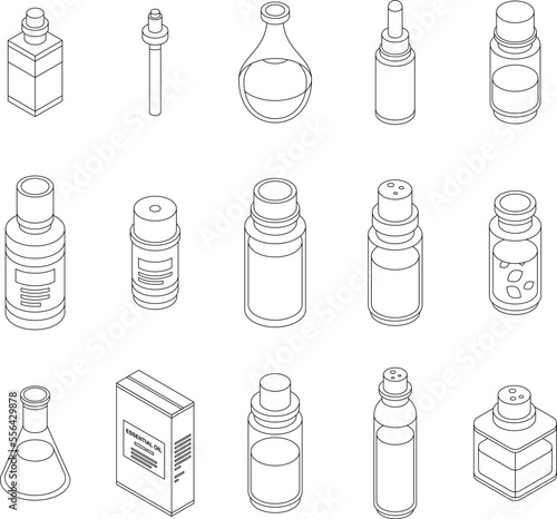 Essential oils icons set. Isometric set of essential oils vector icons for web design isolated on white background outline