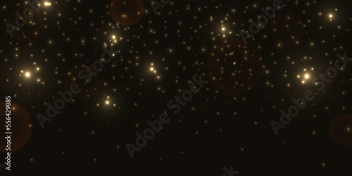 Festive backdrop of light gold confetti and small shining lights on black background. Glittering gold texture. Abstract vector banner template with bokeh effect. Luxury design Christmas greeting card