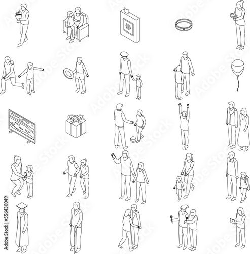 Family moments icons set. Isometric set of family moments vector icons for web design isolated on white background outline