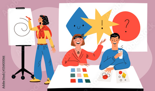 Team work process. Creative people. Designers in office. Modern coworking. Young guys and girls blogger. Employees group. Job cooperation. Freelancers teamwork. Garish vector concept