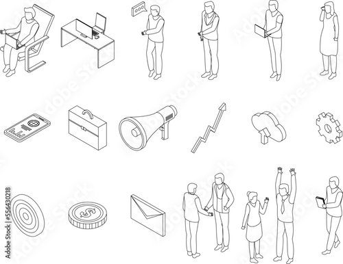 Outsource icons set. Isometric set of outsource vector icons for web design isolated on white background outline