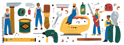 Tiny repair people. Cartoon contractor characters. Building tools. Workers in overalls hold hammer or pliers. Professional team. Screwdriver and wrench. Carpentry work. Garish vector set