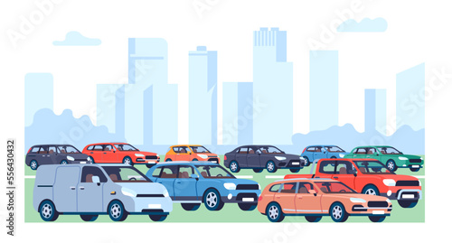 Traffic jam. Automobiles congestion. City transportation. Downtown skyscrapers. Urban landscape with vehicles and buildings. Cars on highway. Town road. Minivans and sedans. Vector concept