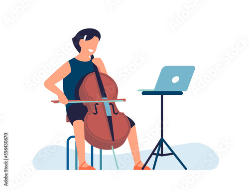 Woman plays cello. Online violoncello lessons. Distance coach. Player with musical instrument in front of laptop. Performance broadcast. Musician educational streaming. Vector concept