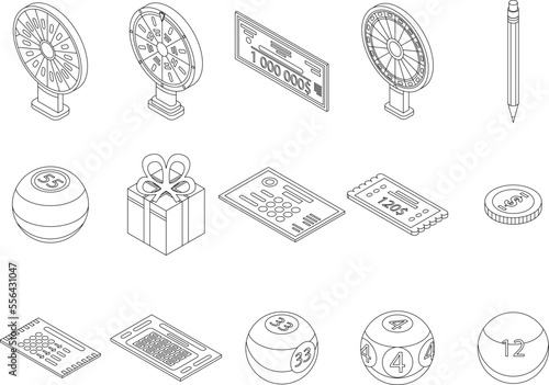 Lottery icons set. Isometric set of lottery vector icons for web design isolated on white background outline