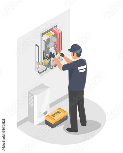Water Heater Technician Repair and Maintenance or install Home Service isometric isolated vector