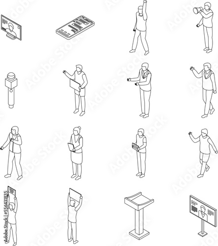 Agitation icons set. Isometric set of agitation vector icons for web design isolated on white background outline