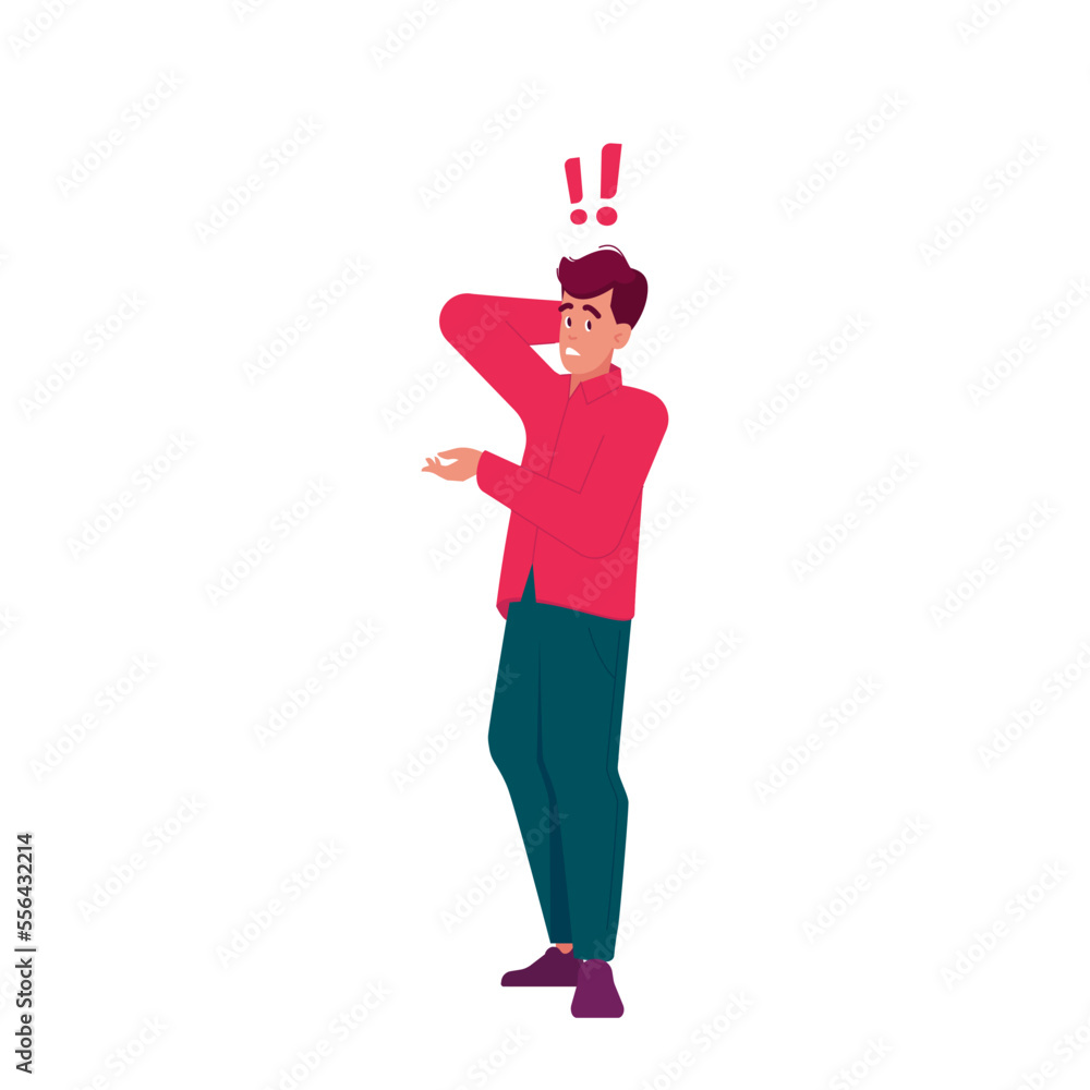 Thoughtful Puzzled Man Stand with Exclamation Marks above Head. Male Character Thinking, Searching Solution Thoughtful Puzzled Man Stand with Exclamation Marks above Head. Male Character Thinking, Searching Solution