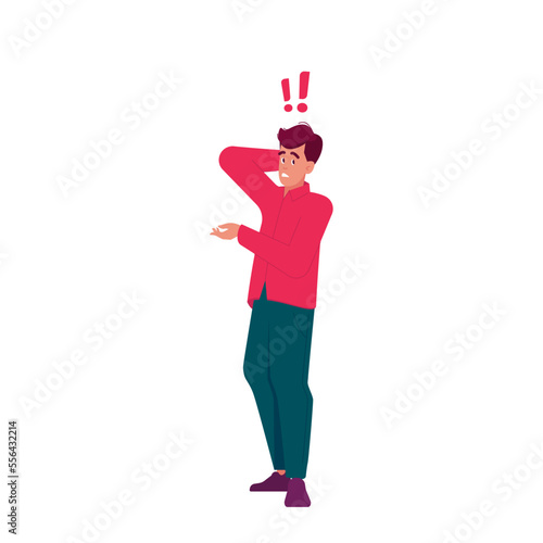 Thoughtful Puzzled Man Stand with Exclamation Marks above Head. Male Character Thinking, Searching Solution