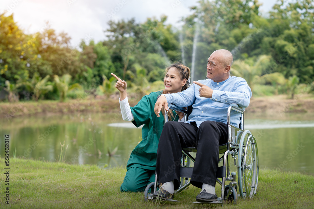 beautiful nurse takes care of an elderly man in a wheelchair laughing on the bridge by the pond in the park. beautiful nurse takes care of an elderly man in a wheelchair laughing on the bridge by the pond in the park.