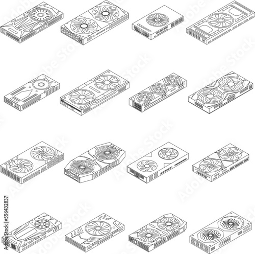 Graphics card icons set. Isometric set of graphics card vector icons for web design isolated on white background outline