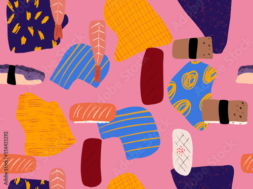 Abstract colourful hand drawn sushi set and collage shape. seamless pattern. vector illustration