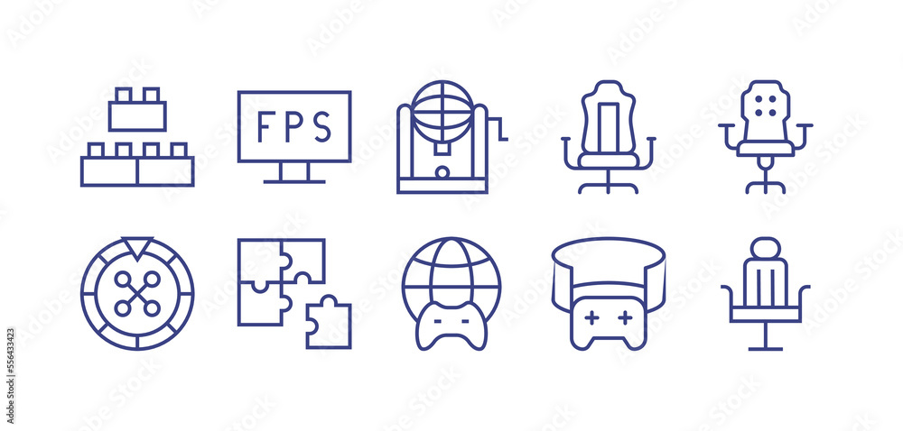 Gaming line icon set. Editable stroke. Vector illustration. Containing Bricks, fps, bingo, gaming chair, casino roulette, puzzle, worldwide, gaming.