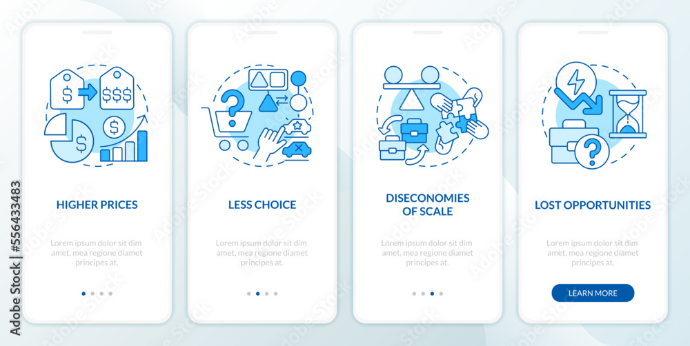 Cons of mergers blue onboarding mobile app screen. Less choice walkthrough 4 steps editable graphic instructions with linear concepts. UI, UX, GUI template. Myriad Pro-Bold, Regular fonts used