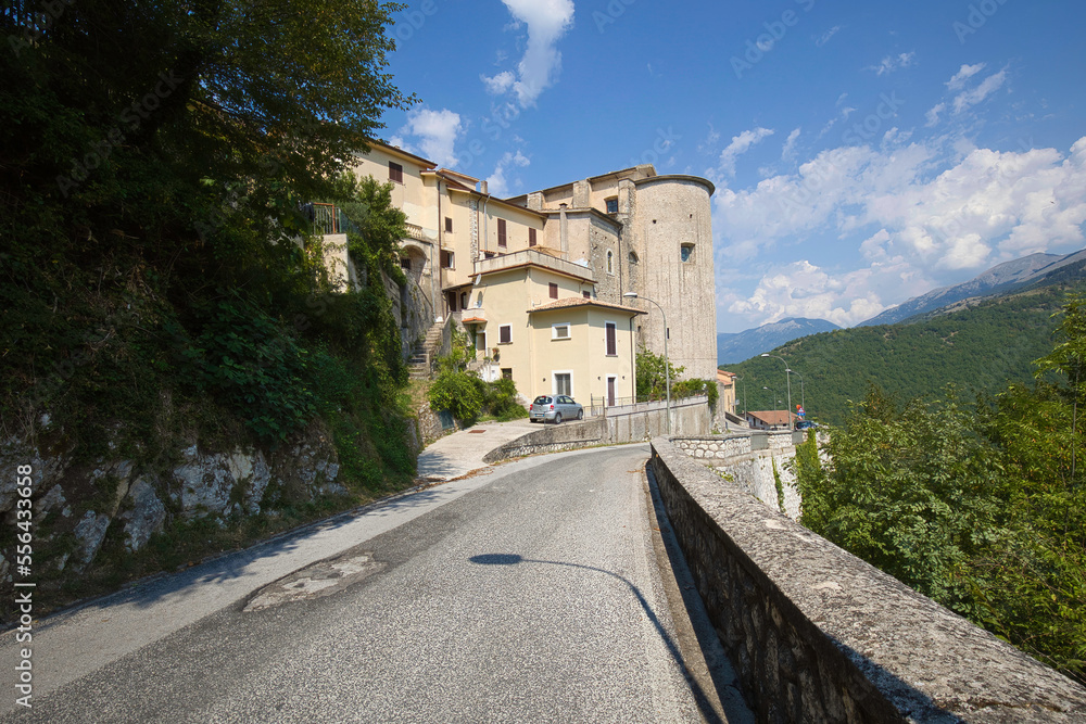 The north-east side of Picinisco with a tower of the old city fortifications, seen from Via Fuori le Mura