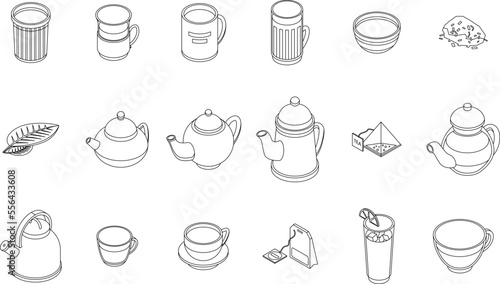 Tea icons set. Isometric set of tea vector icons for web design isolated on white background outline