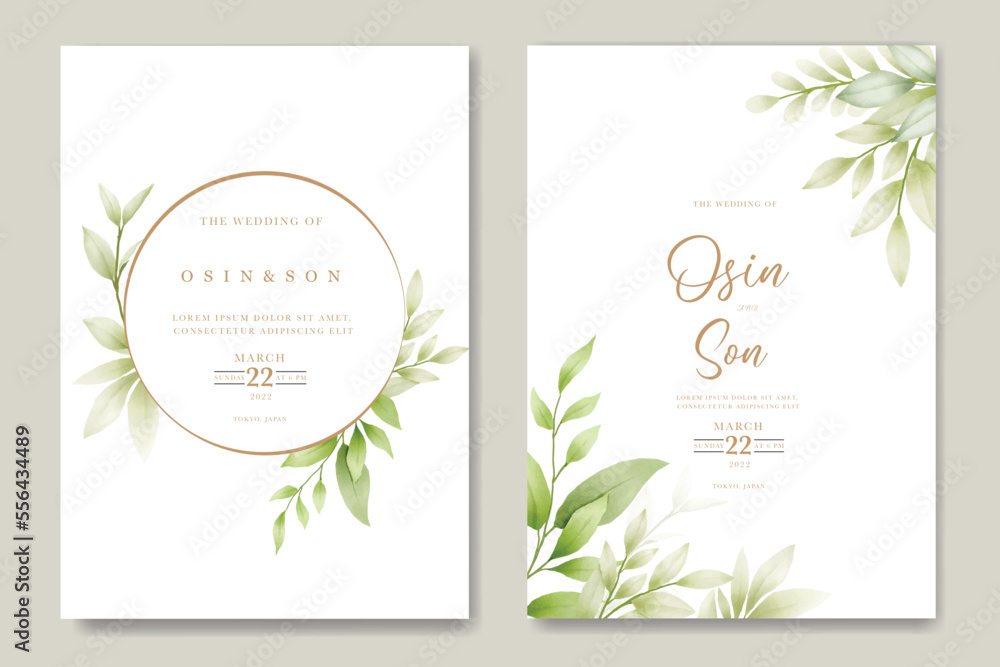 Wedding invitation Card with Green Leaves watercolor 