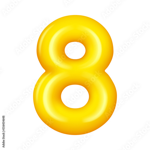 Number eight numeral, eighth yellow glossy balloon. Vector anniversary celebration symbol, numeral for advertising and promotion banner, greeting cards design element, 8 digit