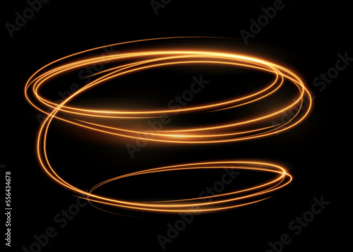 Glowing shiny spiral line effect, glowing abstract light speed motion effect. Light painting magic glow. Shiny wavy trail. Curly gold spirals, motion of twinkling sparkle rays