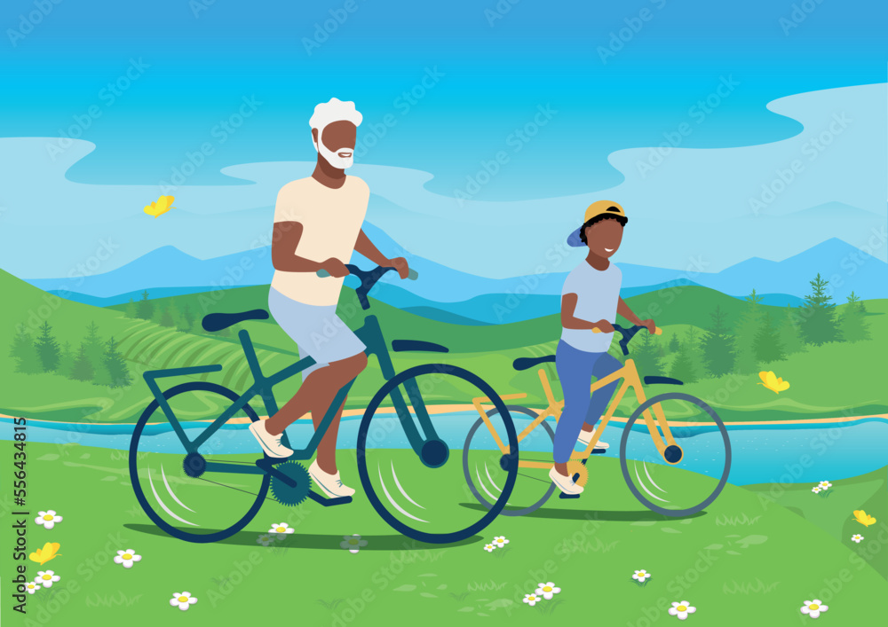 Happy grandfather rides a bicycle with his grandson. Active pensioners and time with grandson. Country bike ride. Vector illustration isolated on white background.