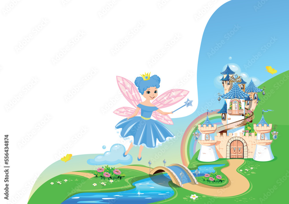 Cute little fairy on a fairy tale background with a blue castle, a rainbow and a bridge across the river. Fairy princess with a magic wand. Wonderland. Dreamland. Vector illustration. Cute little fairy on a fairy tale background with a blue castle, a rainbow and a bridge across the river. Fairy princess with a magic wand. Wonderland. Dreamland. Vector illustration.