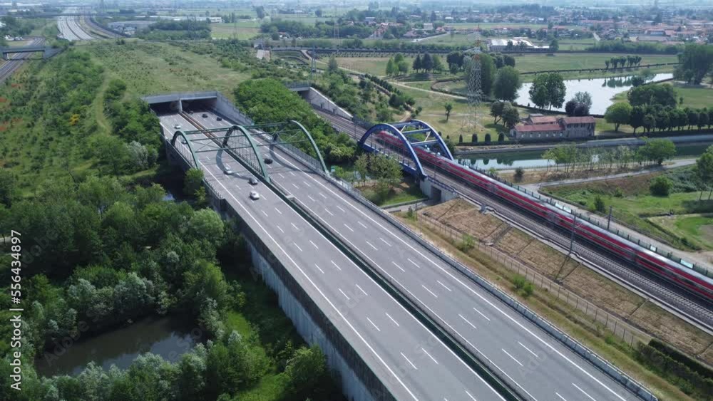 Aerial view of the highway and high speed rail, Bernate, near Milan, Italy Aerial view of the highway and high speed rail, Bernate, near Milan, Italy