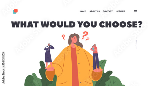 Maternity And Career Landing Page Template. Confused Woman Making Choice, Female Character Holding On Hands