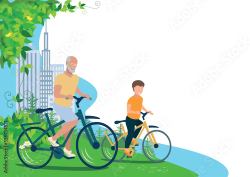 Happy grandfather rides a bicycle with his grandson. Active pensioners and time with grandson. Country bike ride. Vector illustration isolated on white background.