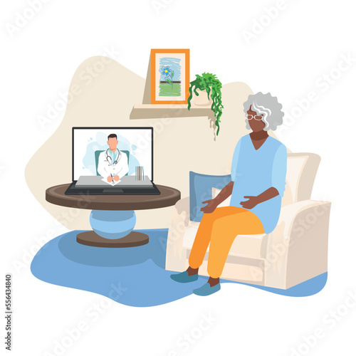 The doctor consults an elderly patient via online video communication. The doctor writes a prescription and prescribes treatment online. Healthcare online. Vector illustration.