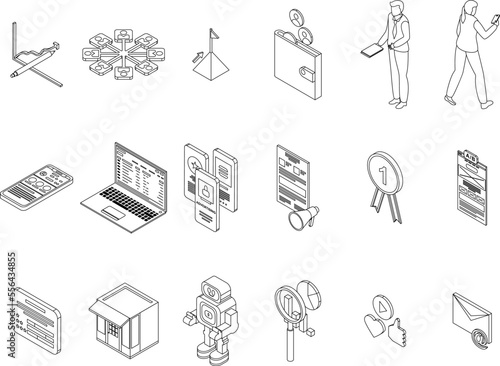Online marketing icons set. Isometric set of online marketing vector icons for web design isolated on white background outline