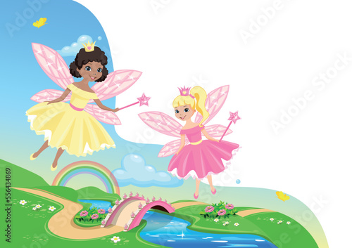 Two cute little fairy on a fairy tale background with a rainbow and a bridge across the river. Fairy princess with a magic wand. Wonderland. Dreamland. Vector illustration.