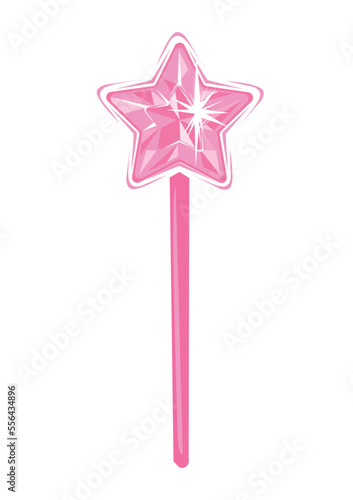 Pink magic wand with a star shaped gem for a cute little fairy or princess. Vector illustration isolated on white background in cartoon style.