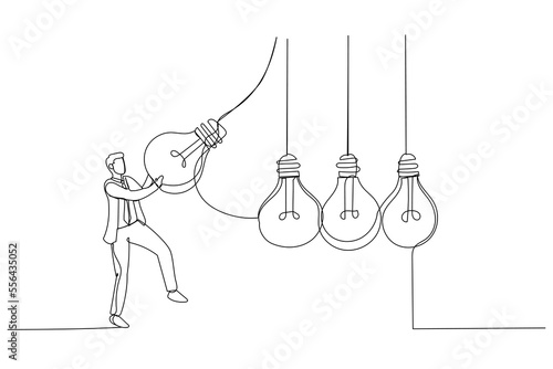 Illustration of businessman manager pull bright lightbulb as pendulum to transfer knowledge. Single continuous line art