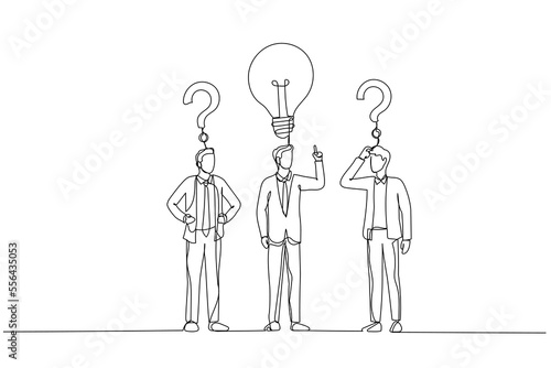 Cartoon of businessman with question sings and lamp idea concept of find right decision. One line style art