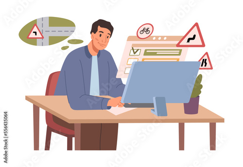 Person passing driver test, sitting at computer screen. Man student learner answering question about road sign, exam in driving school. Flat vector illustration, exam courses at driving school