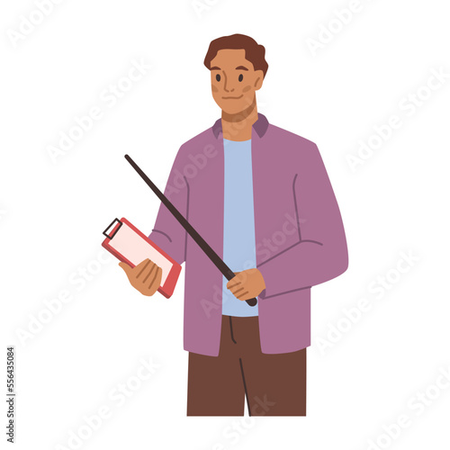 Man instructor with pointer and clipboard paper document, exam checkup list. Vector young character standing isolated on white. Driving school teacher, examiner flat cartoon inspector