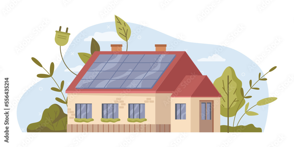 Green energy saving house, solar energy panels on roof, flat cartoon vector illustration. Modern eco private building with smart home technology. Renewable energy concept, sockets and tree plants