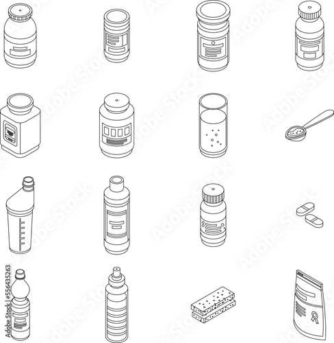 Sports nutrition icons set. Isometric set of sports nutrition vector icons for web design isolated on white background outline
