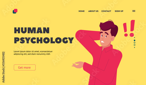 Human Psychology Landing Page Template. Thoughtful Puzzled Man Stand with Exclamation Marks above Head