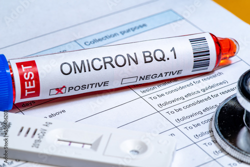 Test tube labelled "COVID-19 OMICRON BQ.1,BQ.1.1 variant test positive"