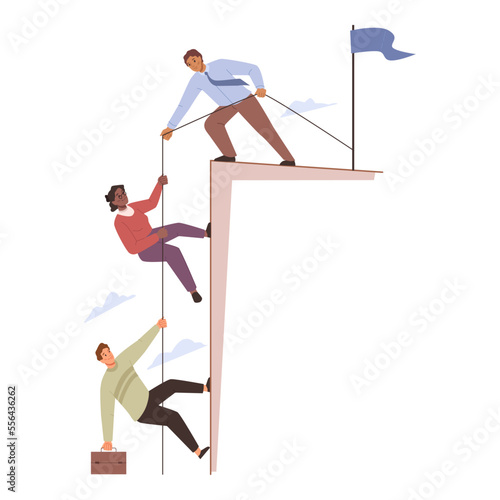 Boss or leader working in team, assisting with climbing ladder and achieving goals. Success and development, personal growth in teamwork. Flat cartoon character vector
