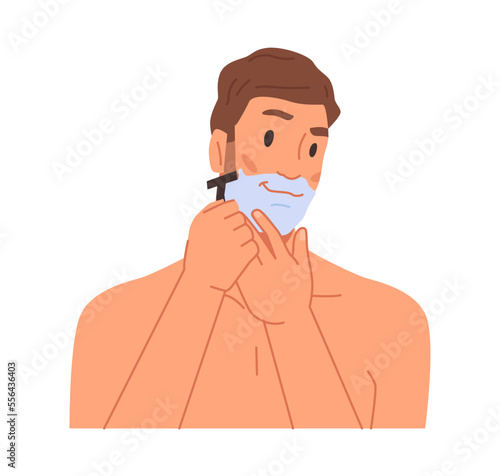 Male personage taking care of beard, shaving unwanted facial hair. Man with razor and mousse or cream or sensitive skin. Flat cartoon character vector