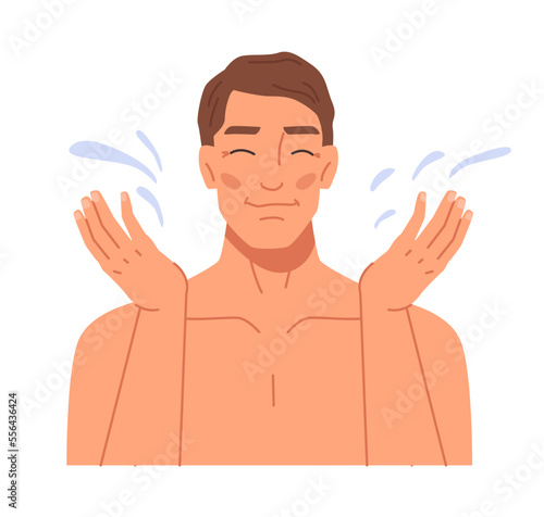 Hygiene and beauty routine for men, isolated male personage washing face. Water splashes and cleanliness procedures for healthy look. Flat cartoon character vector
