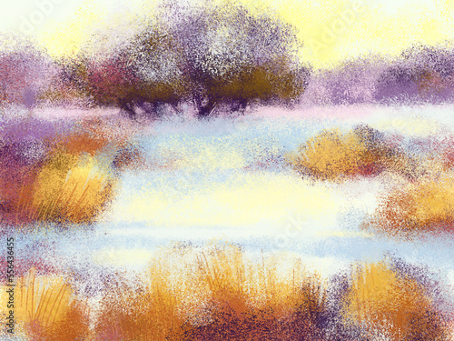 Winter landscape with trees in the field